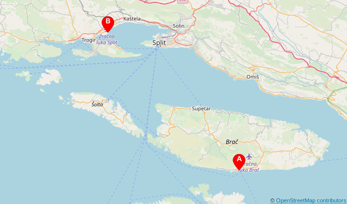 Map of ferry route between Bol (Brac) and Split Airport (Resnik)